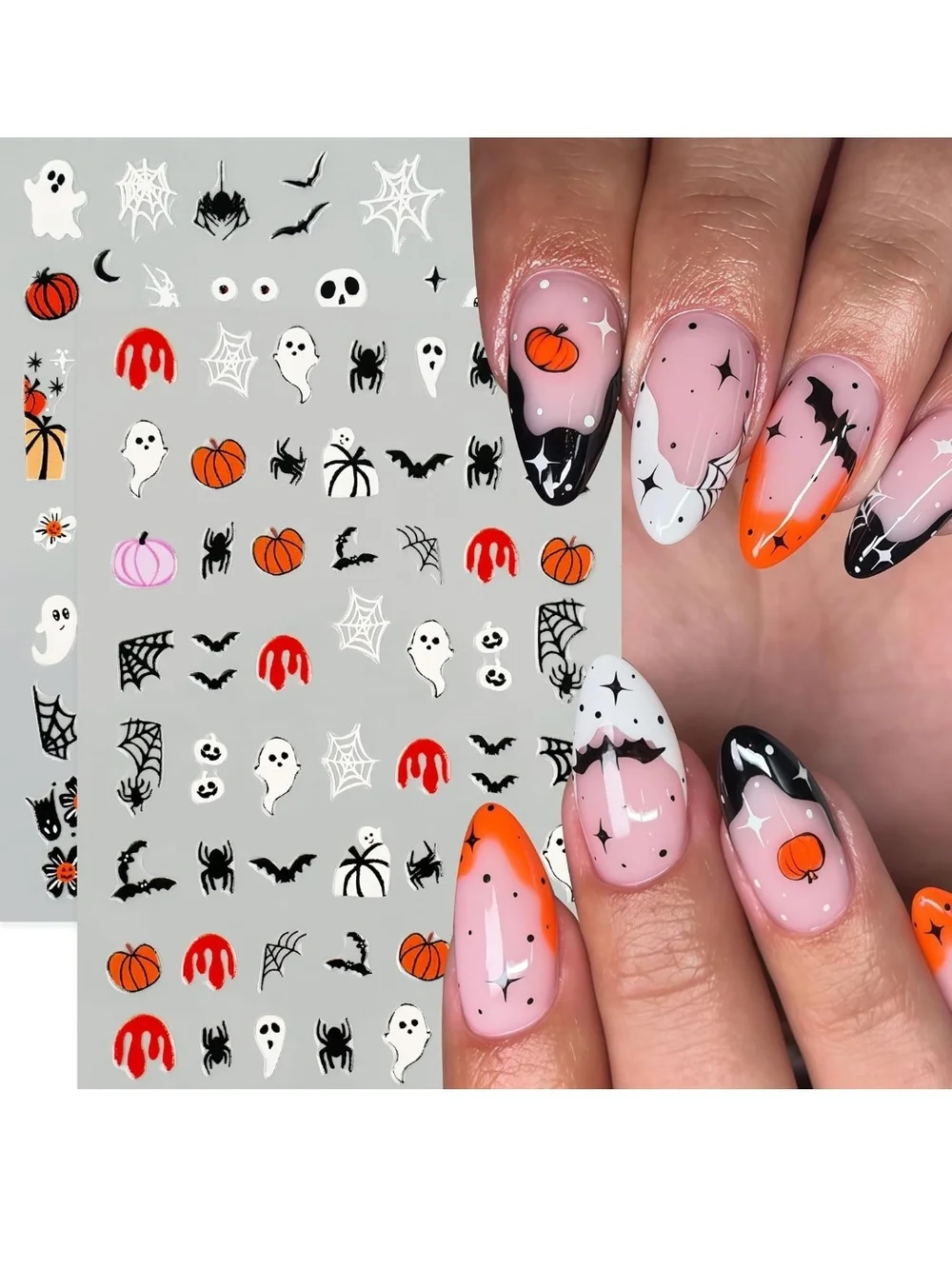 8 Sheets Halloween Nail Stickers for Nail Art Bat, Ghost, Pumpkin, Blood, Spider
